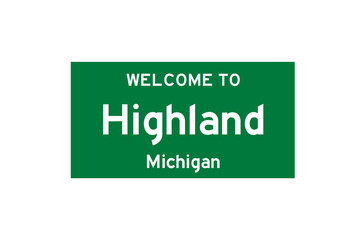 Highland, Michigan, USA. City limit sign on transparent background. 