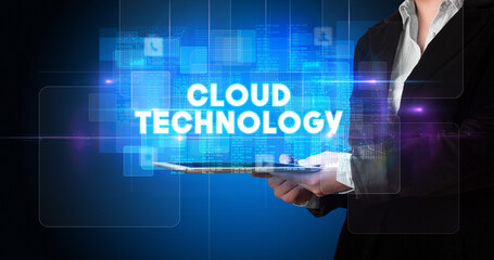 Person holding tablet, technology concept