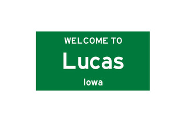 Lucas, Iowa, USA. City limit sign on transparent background. 