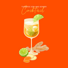 Turmeric gin ginger ice cocktail vector on orange background. Autumn winter alcohol drink flat illustration