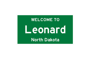Leonard, North Dakota, USA. City limit sign on transparent background. 