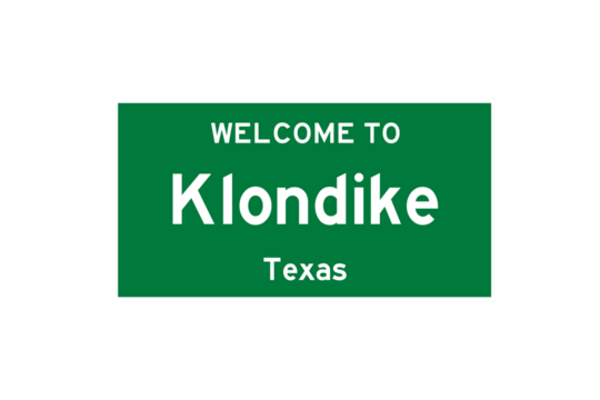 Klondike, Texas, USA. City limit sign on transparent background. 