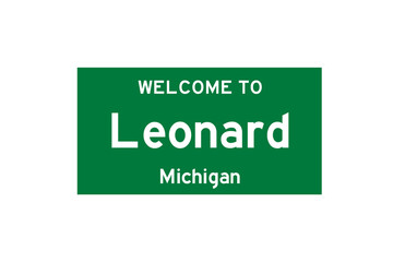 Leonard, Michigan, USA. City limit sign on transparent background. 