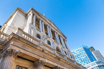 Looking up view on Governor and Company of Bank of England, Great Britain or United Kingdom central bank monetary authority in city of London