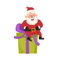 Funny vector Santa Claus sits on a huge gift box with a bow. Vector graphic.	