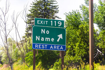 No Name city village town community in Garfield county near Glenwood Springs, Colorado with road exit sign on interstate highway road 70 rest area
