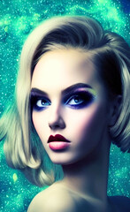 Portrait of a girl with creative makeup and hairstyle. Illustration. Created with the help of artificial intelligence