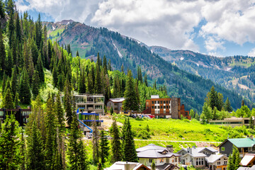 Alta at Albion Basin, Utah cityscape small ski resort town village in summer near Little Cottonwood Canyon by hotel lodge and houses