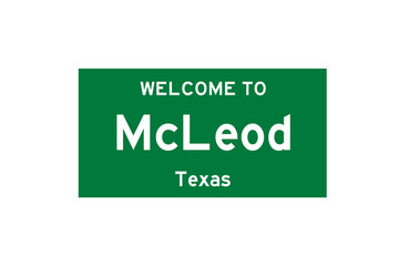 McLeod, Texas, USA. City limit sign on transparent background. 