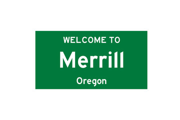 Merrill, Oregon, USA. City limit sign on transparent background. 