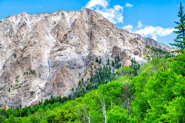 Crested Butte green aspen trees view of Kebler Pass snow peak mountain with Rocky mountains in...