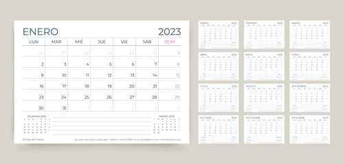 2023 Spanish ?alendar. Planner grid. Week starts Monday. Desk schedule template. Yearly calender layout. Table organizer. Horizontal monthly diary with 12 month. Vector illustration Paper size A5