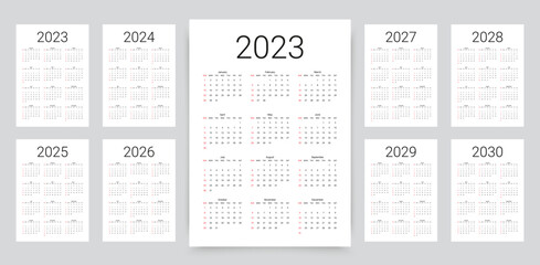 2023, 2024, 2025, 2026, 2027, 2028, 2029, 2030 years calendar. Week starts Sunday. Simple calender layout. Desk planner template with 12 months. Yearly diary. Organizer in English. Vector illustration