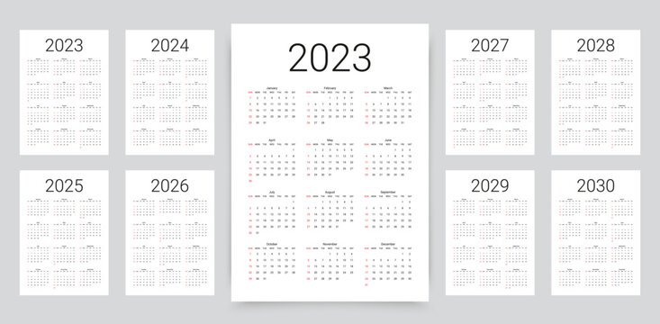 2023, 2024, 2025, 2026, 2027, 2028, 2029, 2030 years calendar. Week starts Sunday. Simple calender layout. Desk planner template with 12 months. Yearly diary. Organizer in English. Vector illustration