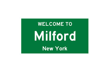 Milford, New York, USA. City limit sign on transparent background. 