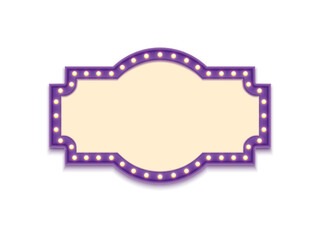 Antique shape marquee vintage 3d lightbox with glowing bulb. Purple color retro frame design vector illustration. © Inkeye Studio