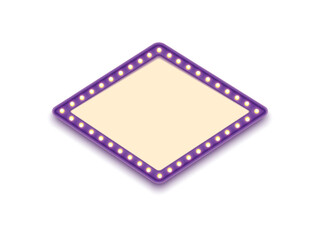 Antique shape marquee vintage 3d lightbox with glowing bulb. Purple color retro frame design vector illustration.