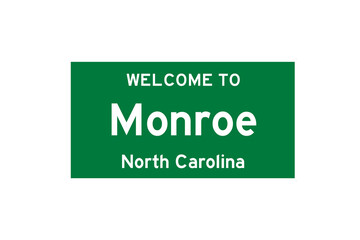 Monroe, North Carolina, USA. City limit sign on transparent background. 
