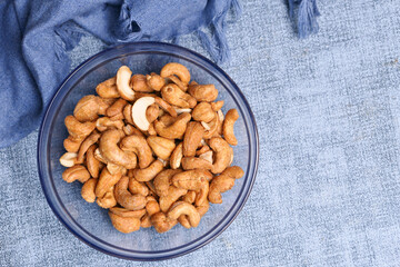 top view of roasted cashew nuts in a bowl 