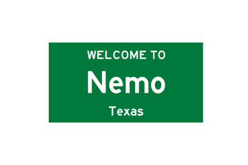 Nemo, Texas, USA. City limit sign on transparent background. 
