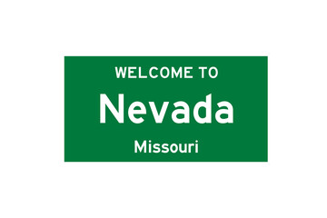 Nevada, Missouri, USA. City limit sign on transparent background. 