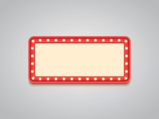 Antique shape marquee vintage 3d lightbox with glowing bulb. Red color retro frame design vector illustration.