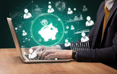 Business hand working on laptop, successful business concept