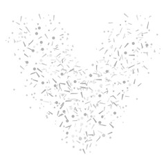 Heart from confetti on isolated white. Holiday background from geometric elements. Festive pattern for banners, posters and flyers. Doodle for design and business. Black and white illustration
