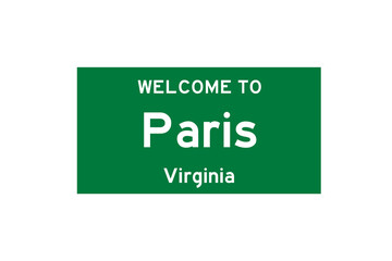 Paris, Virginia, USA. City limit sign on transparent background. 