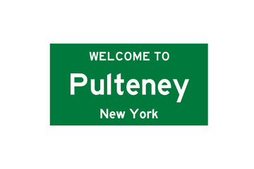 Pulteney, New York, USA. City limit sign on transparent background. 