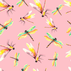 Dragonflies. Watercolor seamless pattern with dragonflies