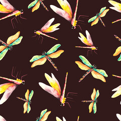 Dragonflies. Watercolor seamless pattern with dragonflies