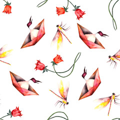 Obraz premium Pattern. Watercolor seamless pattern with spring flowers and ships