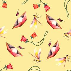 Pattern. Watercolor seamless pattern with spring flowers and ships