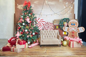 Room decorated for Christmas or new year. The interior of the room with a Christmas tree and decorations