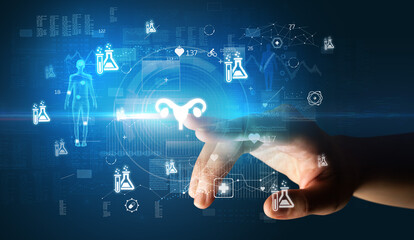 Doctor hand pressing futuristic health device with medical symbol on screen