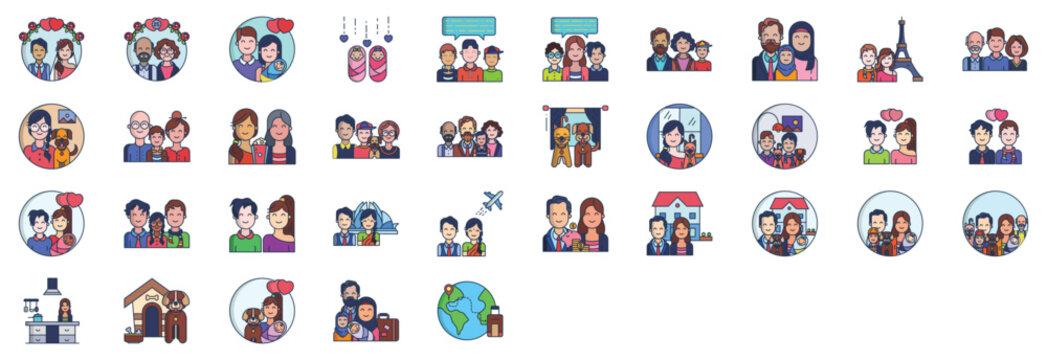Collection of icons related to Family members , including icons like Father, mother, uncle, aunt, son, kid, and more. vector illustrations, Pixel Perfect set

