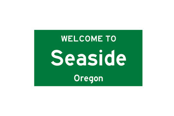 Seaside, Oregon, USA. City limit sign on transparent background. 