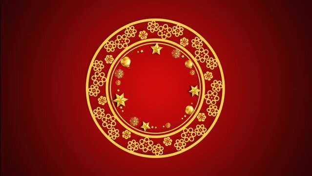 Animation golden decorated wreath on red background for design christmas or new year template.