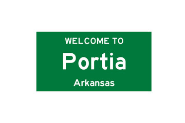Portia, Arkansas, USA. City limit sign on transparent background. 