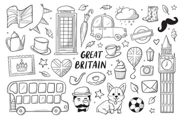 Great Britain and London set of sketched doodles, clipart. Good for scrapbooking, stationary, stickers, coloring pages, cards, etc. EPS 10 - obrazy, fototapety, plakaty