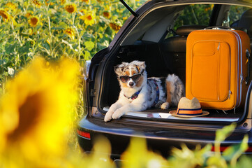 Australian shepherd puppy laying in the car trunk with baggage