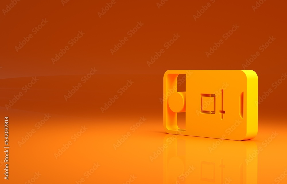 Poster yellow mobile phone with record frame camera icon isolated on orange background. mobile app applicat