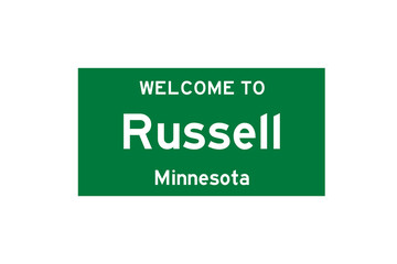 Russell, Minnesota, USA. City limit sign on transparent background. 