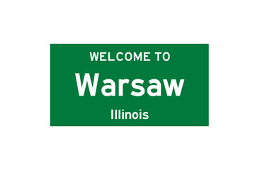 Warsaw, Illinois, USA. City limit sign on transparent background. 