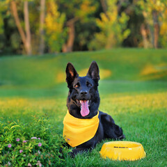 Black german shepherd laying at the lawn