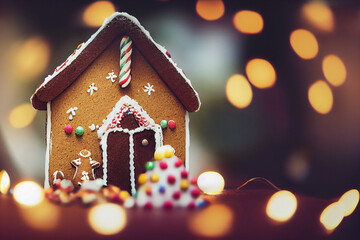 Gingerbread House indoor decoration, with a clean and bokeh background, 3D rendered and computer Generated
