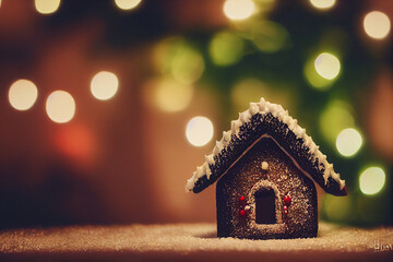 Tiny tilt Shift Gingerbread house, Bokeh background, minimalistic design || computer Generated