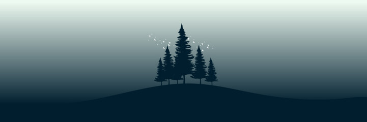 pine tree silhouette in sunrise landscape vector illustration good for wallpaper, background, backdrop design, and design template