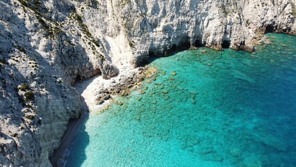 Obraz premium Aerial view of the rocky sea-cliff at Agia Eleni Beach in Kefalonia Island, Greece